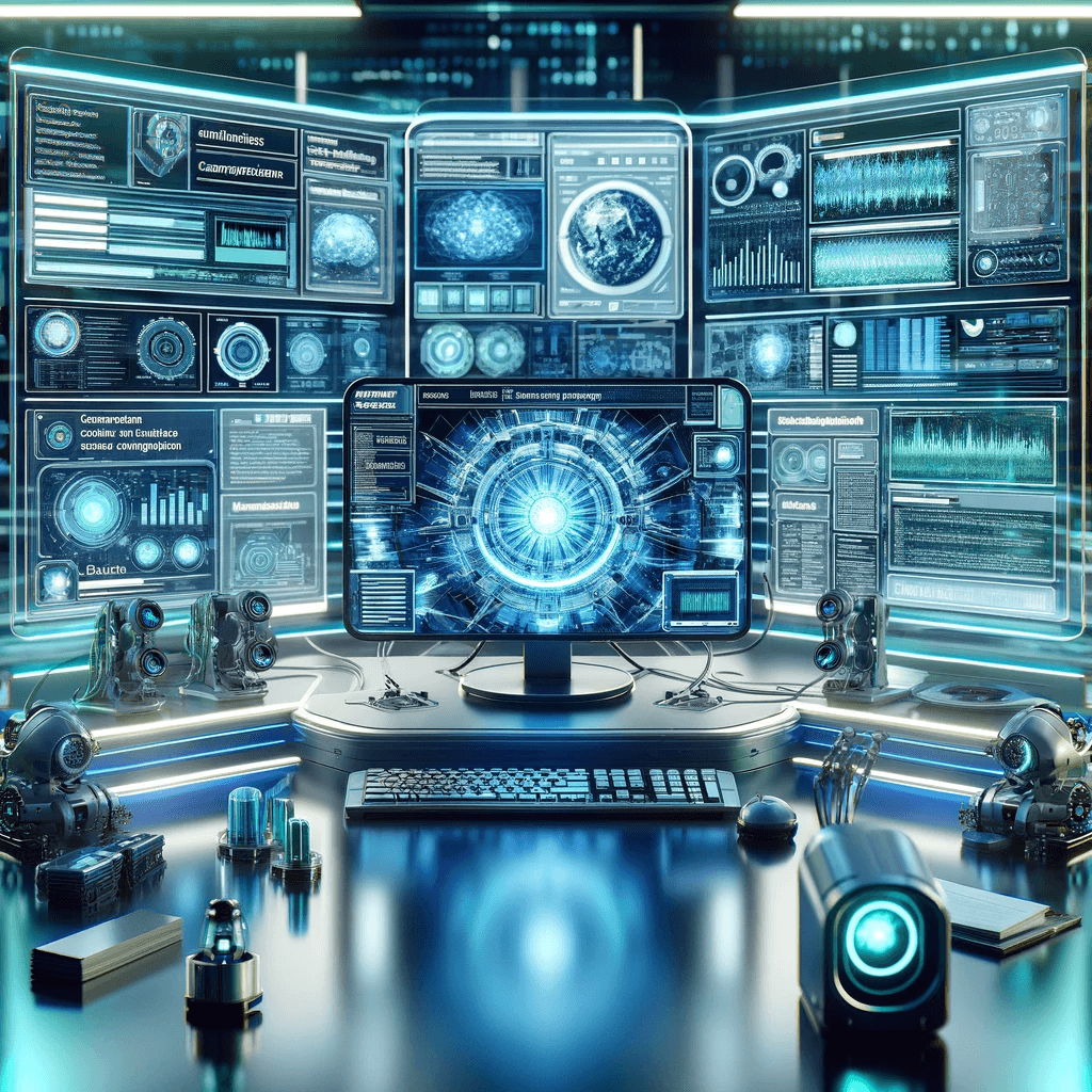 Photograph showing a computer setup with multiple monitors in a high-tech lab, each screen displaying different aspects of natural language processing like text and sentiment analysis. The scene features futuristic technology with predominant cool blues and greens, highlighting the digital and analytical nature of natural language processing.