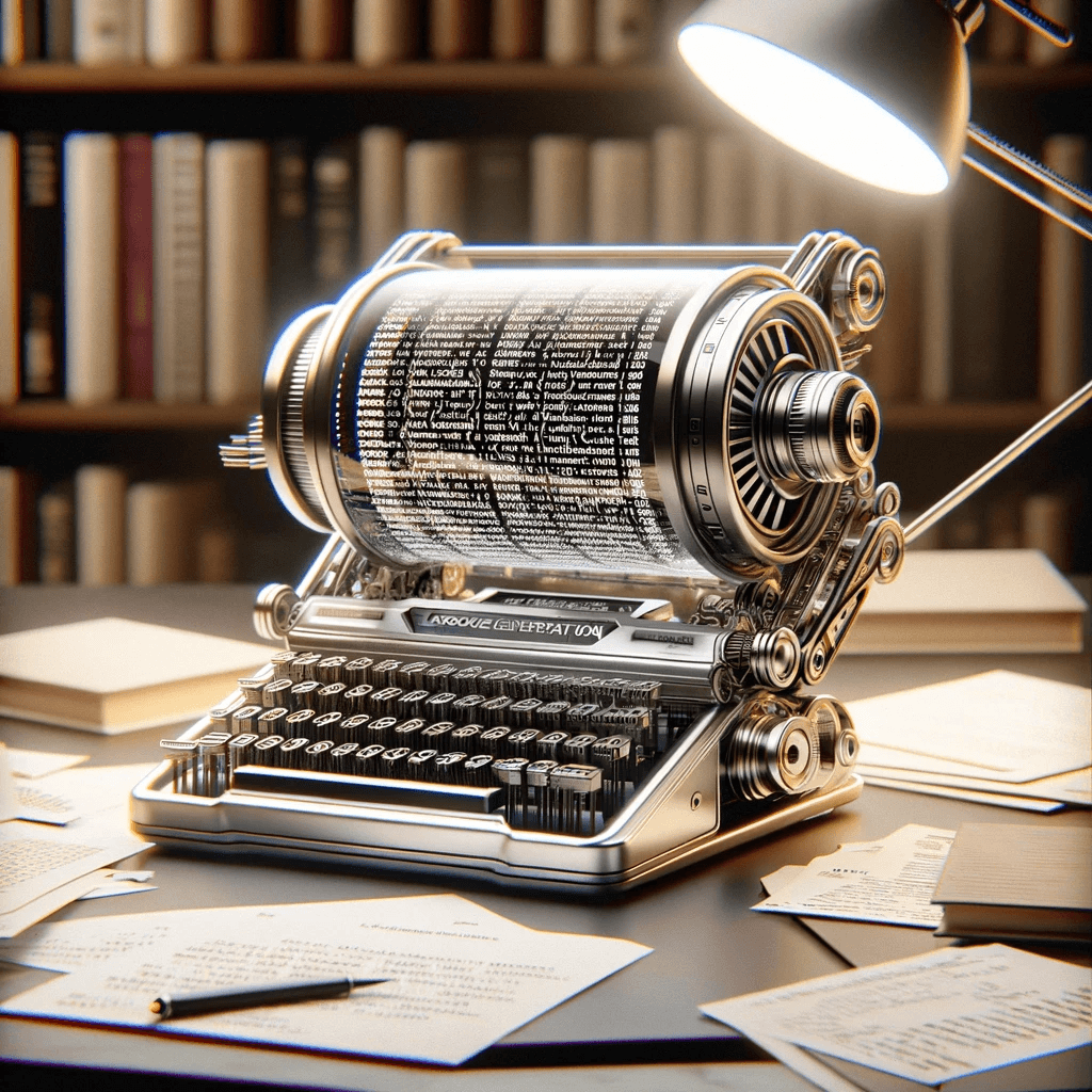 Photograph of a high-tech device resembling a futuristic typewriter with a digital screen displaying algorithms, placed on a modern desk among papers with code and languages, in an office environment with bookshelves on linguistics and computer science. Colors include metallic silver for the device and warm browns and beiges for the office.