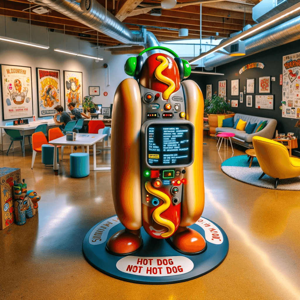 A playful startup office setting featuring the 'Hot Dog Not Hot Dog' device, a cartoonish hot dog-shaped gadget with screens and sensors. The environment is colorful and quirky, reflecting Silicon Valley's parody style, with tech gadgets, colorful furniture, and walls adorned with software development and startup-themed posters and doodles. The image captures the whimsical and tech-oriented atmosphere in vibrant detail.