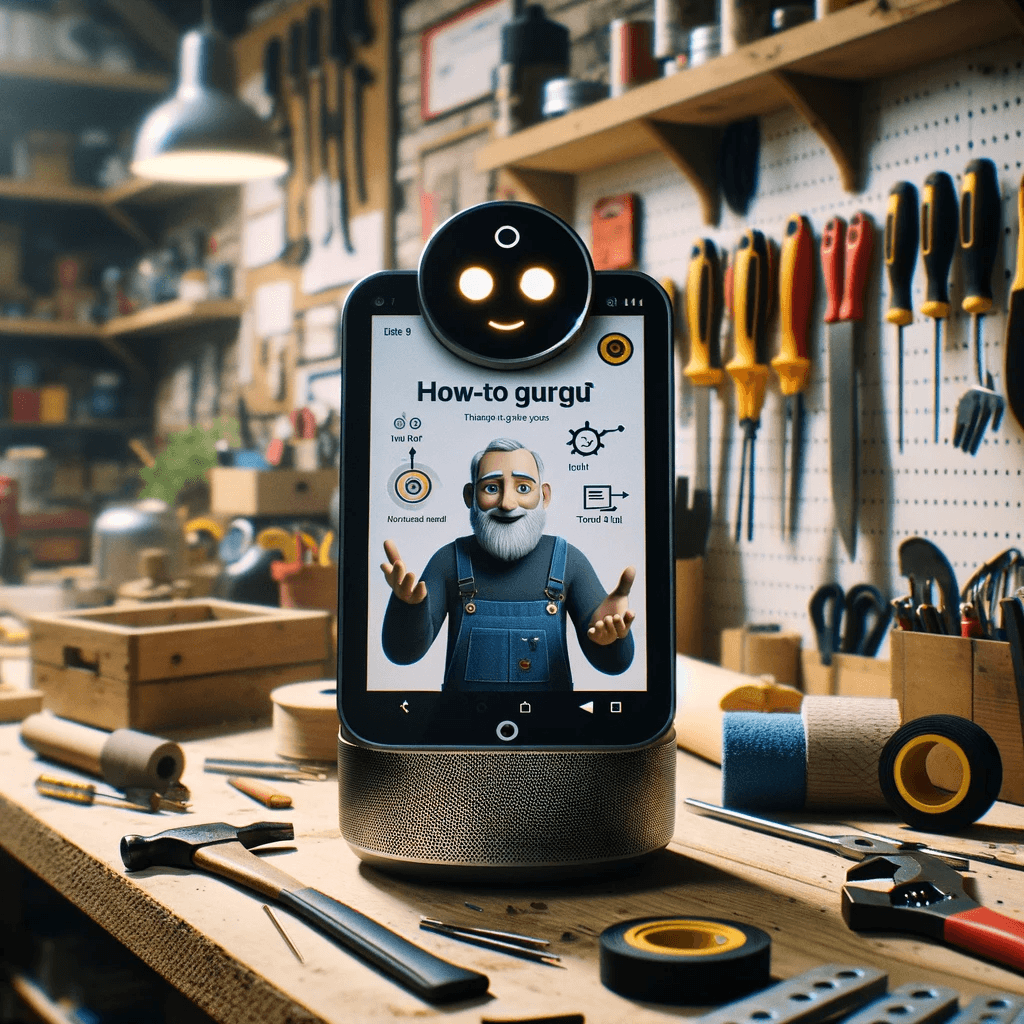 A digital 'How-To Guru' virtual assistant device in a well-organized workshop. The device, resembling a friendly handyman, displays animated DIY instructions and tool suggestions on its screen. The surrounding environment includes a workbench, DIY tools, materials, and shelves filled with hardware items, captured under natural light to highlight the practical and helpful nature of the How-To Guru.